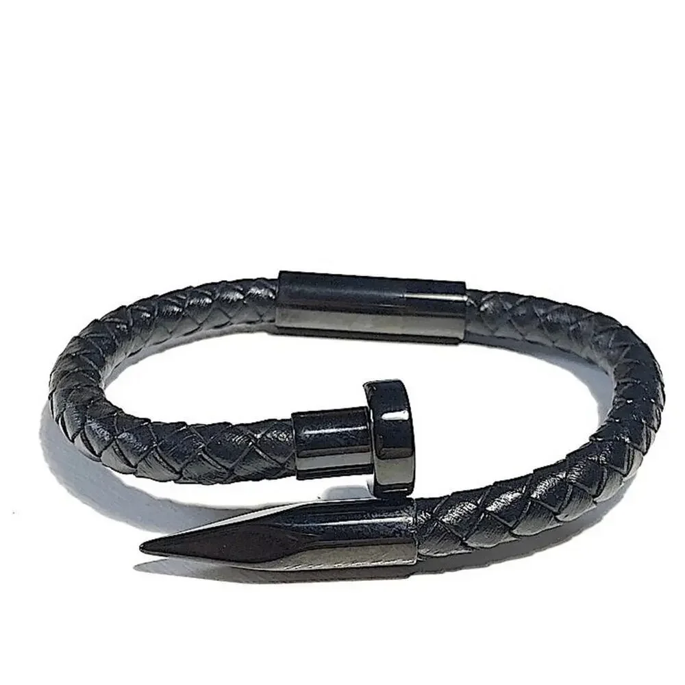 Black Leather Nail Magnetic Bracelet, Braided, Unisex